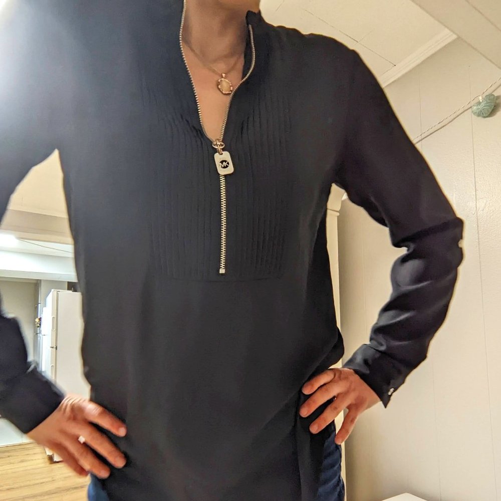 Michael Kors Zip Front Black Pleated Dress Shirt - Small